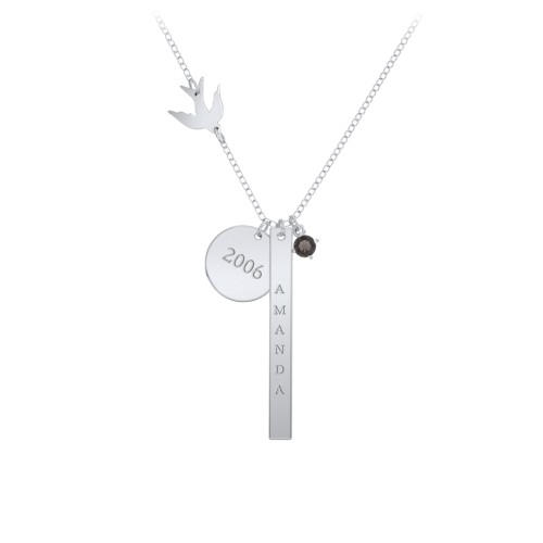 Milestone Necklace with Bird Charm – Sterling Silver with Smokey Quartz