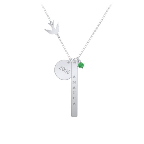 Milestone Necklace with Bird Charm – Sterling Silver with Emerald