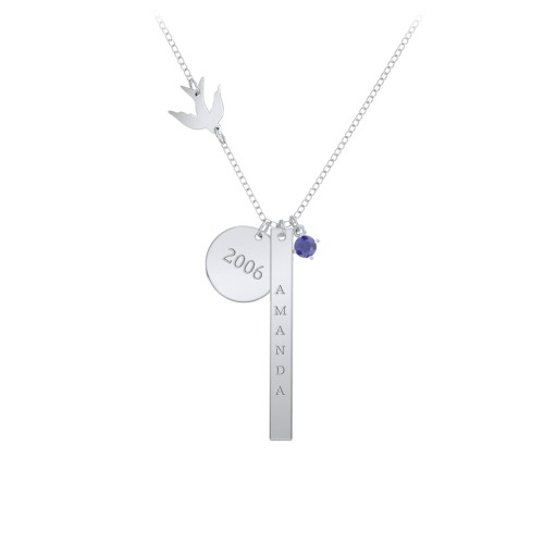 Milestone Necklace with Bird Charm – Sterling Silver with Blue Sapphire