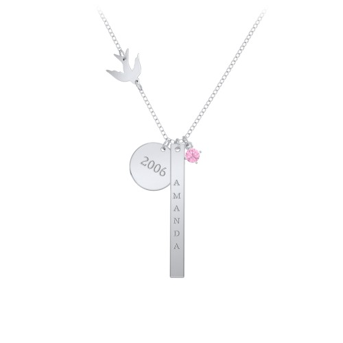 Milestone Necklace with Bird Charm – Sterling Silver with Pink Tourmaline