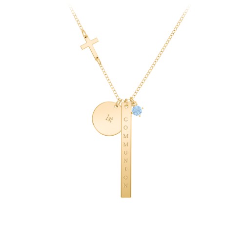 Milestone Necklace with Cross Charm – 10K Yellow Gold with Blue Topaz