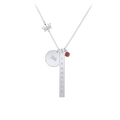 Milestone Necklace with Crown Charm – Sterling Silver with Garnet