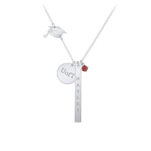 Milestone Necklace with Graduation Hat Charm – Sterling Silver with Garnet