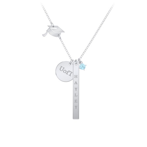 Milestone Necklace with Graduation Hat Charm – Sterling Silver with Blue Topaz