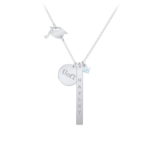 Milestone Necklace with Graduation Hat Charm – Sterling Silver with Aquamarine