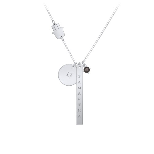 Milestone Necklace with Hamsa Charm – Sterling Silver with Smokey Quartz