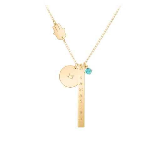 Milestone Necklace with Hamsa Charm – 10K Yellow Gold with Mint Premium Zirconia