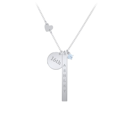 Milestone Necklace with Heart Charm – Sterling Silver with Aquamarine