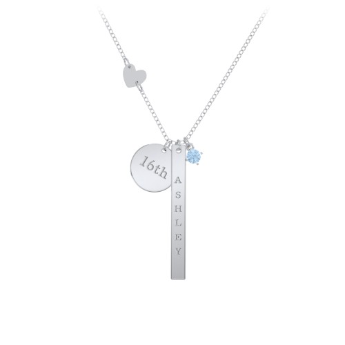 Milestone Necklace with Heart Charm – Sterling Silver with Blue Topaz