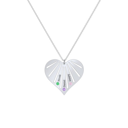 Engravable Heart Necklace with 2-7 Birthstones – Sterling Silver with Emerald, Amethyst, and Pink Tourmaline