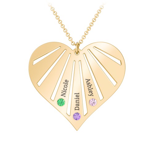 Engravable Heart Necklace with 2-7 Birthstones – 10K Yellow Gold with Emerald, Amethyst, and Pink Tourmaline