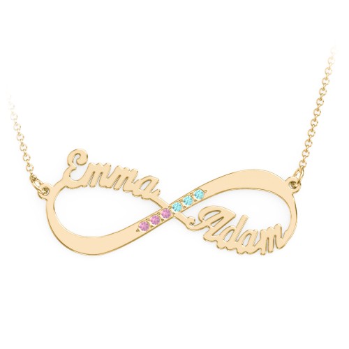 Infinity Name Necklace with Accents – 10K Yellow Gold with Fancy Pink Premium Zirconia and Amethyst Premium Zirconia
