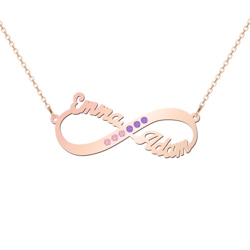 Infinity Name Necklace with Accents – 10K Rose Gold with Fancy Pink Premium Zirconia and Amethyst Premium Zirconia