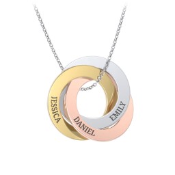 Engraved Tri Color Interlocking Russian Rings Necklace