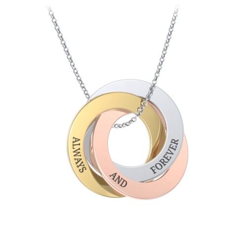 Engraved Tri Color Interlocking Russian Rings Necklace