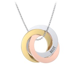 Engraved Tri Color Interlocking Russian Rings Necklace in 10K Tri-color Gold