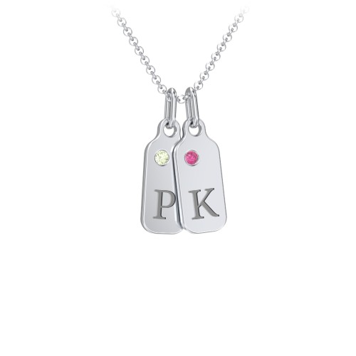 Duchess Dog Tag 2 Initial Necklace with Birthstone – Sterling Silver with Peridot and Ruby