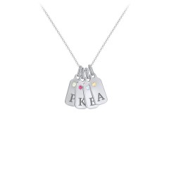 Duchess Dog Tag 4 Initial Necklace with Birthstone – Sterling Silver with Peridot, Ruby, Blue Topaz, and Citrine
