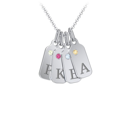 Duchess Dog Tag 4 Initial Necklace with Birthstone – Sterling Silver with Peridot, Ruby, Blue Topaz, and Citrine