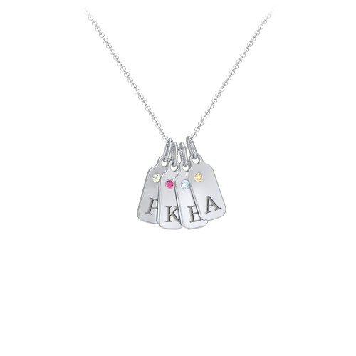 Duchess Dog Tag 4 Initial Necklace with Birthstone – Sterling Silver with Peridot, Ruby, Blue Topaz, and Citrine