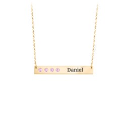4 Engravable Birthstone Bar Necklace in 18K Gold Plated Silver with Pink Tourmaline and Amethyst Premium Zirconia