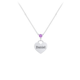 Engravable Heart Necklace with Birthstone in 925 Sterling Silver with Amethyst
