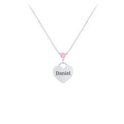 Engravable Heart Necklace with Birthstone in 925 Sterling Silver with Pink Tourmaline