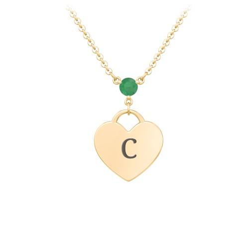 Engravable Heart Necklace with Birthstone – 10K Yellow Gold with Emerald