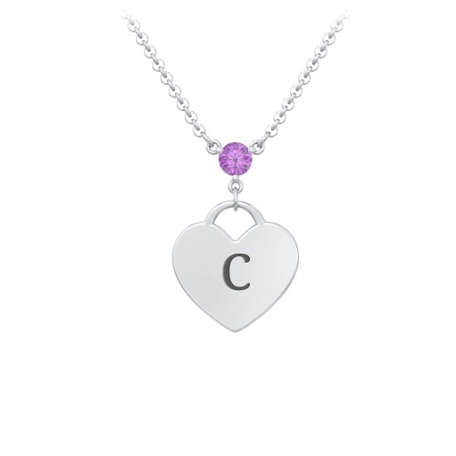 Engravable Heart Necklace with Birthstone – Sterling Silver with Amethyst