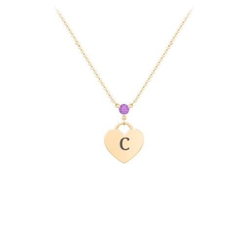 Engravable Heart Necklace with Birthstone – 10K Yellow Gold with Amethyst