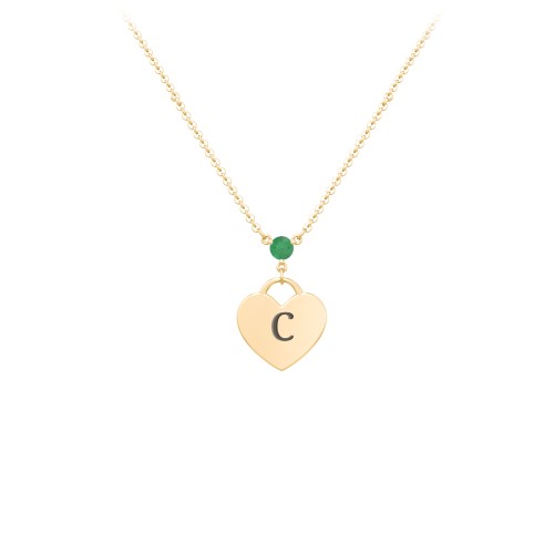Engravable Heart Necklace with Birthstone – 10K Yellow Gold with Emerald