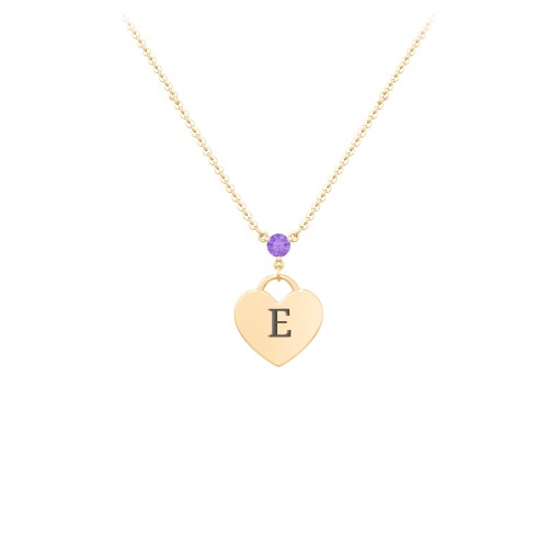 Engravable Heart Necklace with Birthstone – 10K Yellow Gold with Amethyst