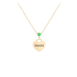 Engravable Heart Necklace with Birthstone in 10K Solid Yellow Gold with Emerald