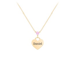 Engravable Heart Necklace with Birthstone in 10K Solid Yellow Gold with Pink Tourmaline