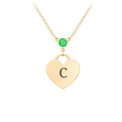 Engravable Heart Necklace with Birthstone – 10K Yellow Gold with Emerald
