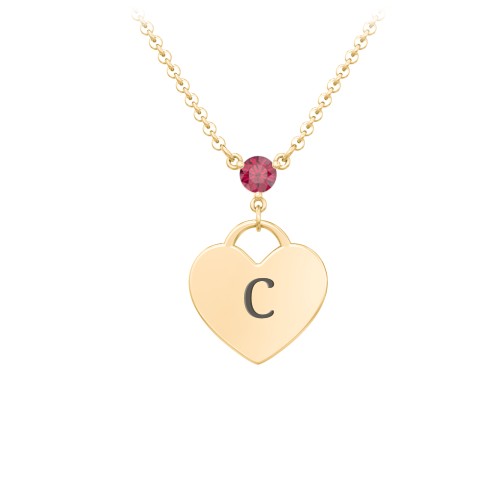 Engravable Heart Necklace with Birthstone – 10K Yellow Gold with Ruby