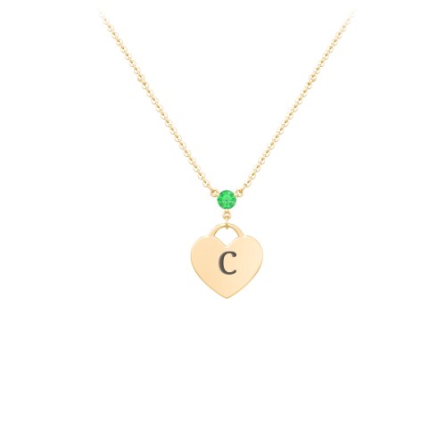 Engravable Heart Necklace with Birthstone – 10K Yellow Gold with Emerald