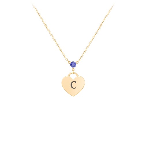 Engravable Heart Necklace with Birthstone – 10K Yellow Gold with Blue Sapphire