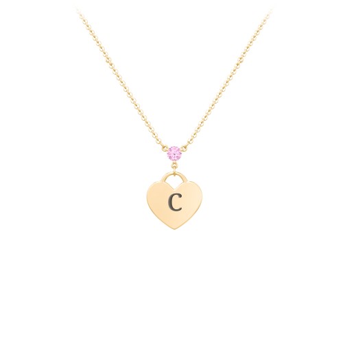 Engravable Heart Necklace with Birthstone – 10K Yellow Gold with Pink Tourmaline