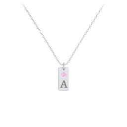 Small Initial Tag Necklace with Birthstone in 925 Sterling Silver with Pink Tourmaline