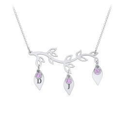 Leaf Initial Family Birthstone Necklace in 925 Sterling Silver with Amethyst and Fancy Pink Premium Zirconia