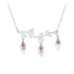 Leaf Initial Family Birthstone Necklace in 925 Sterling Silver with Ruby and Fancy Pink Premium Zirconia