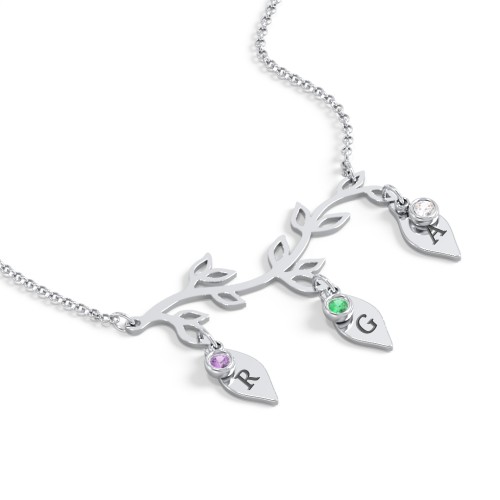 Leaf Initial Family Birthstone Necklace – Sterling Silver with Amethyst, Emerald, and Cubic Zirconia
