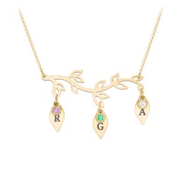Leaf Initial Family Birthstone Necklace in 10K Solid Yellow Gold with Amethyst, Green Premium Zirconia, Cubic Zirconia, and Fancy Pink Premium Zirconia