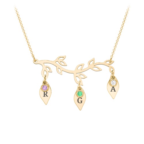 Leaf Initial Family Birthstone Necklace – 10K Yellow Gold with Amethyst, Emerald, and Cubic Zirconia