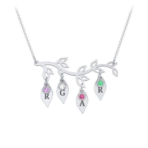 Leaf Initial Family Birthstone Necklace