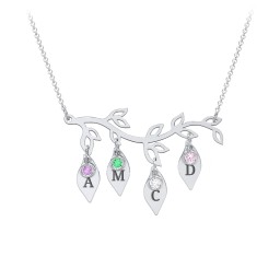 Leaf Initial Family Birthstone Necklace in 925 Sterling Silver with Amethyst, Green Premium Zirconia, Cubic Zirconia, and Fancy Pink Premium Zirconia