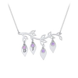 Leaf Initial Family Birthstone Necklace in 925 Sterling Silver with Amethyst