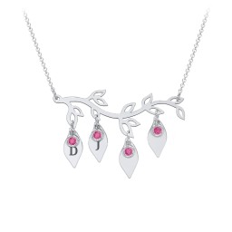 Leaf Initial Family Birthstone Necklace in 925 Sterling Silver with Ruby