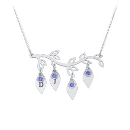 Leaf Initial Family Birthstone Necklace in 925 Sterling Silver with Blue Sapphire